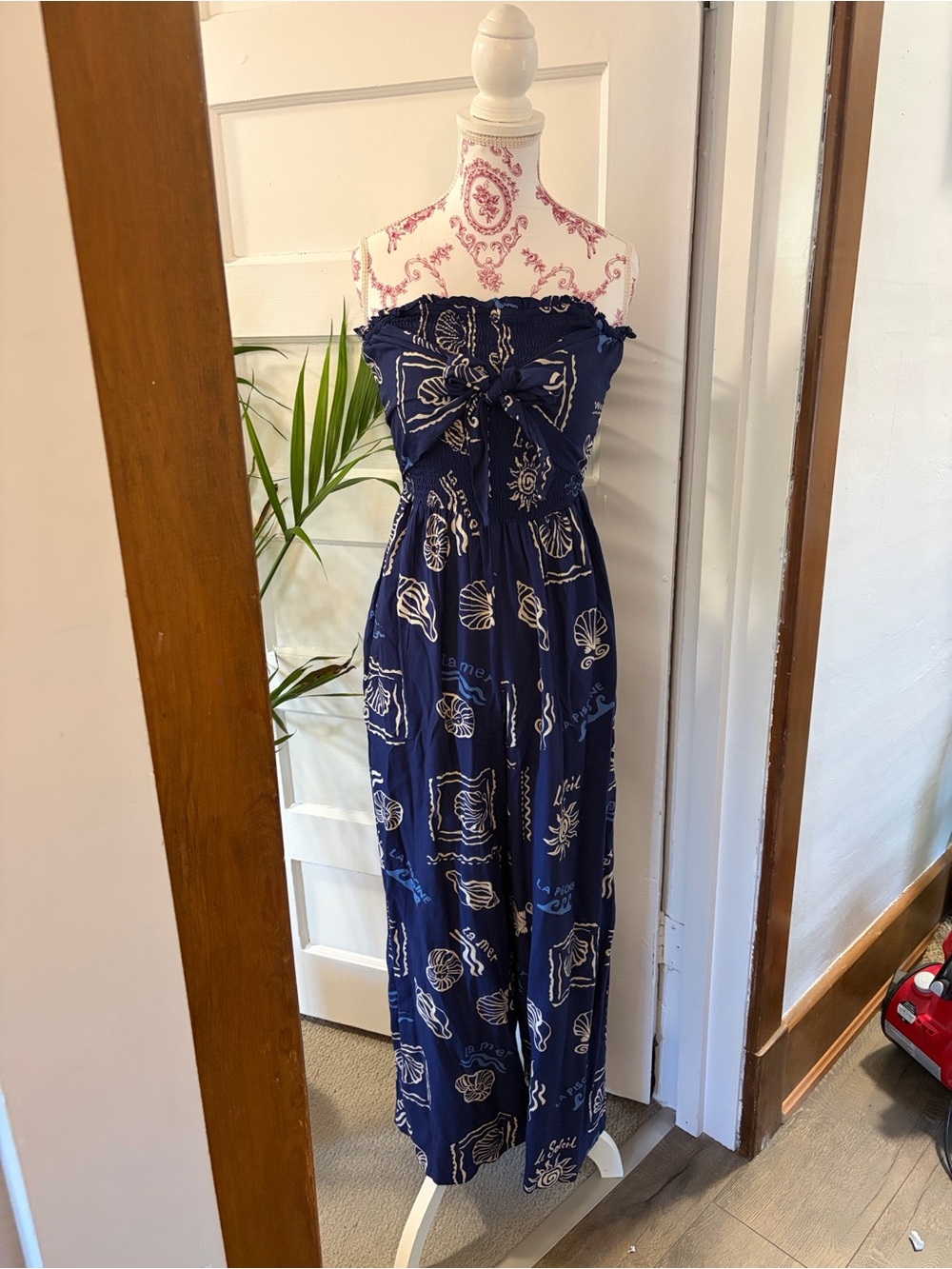 Patrons of Peace Navy Shell-Print Strapless Jumpsuit with Front Tie